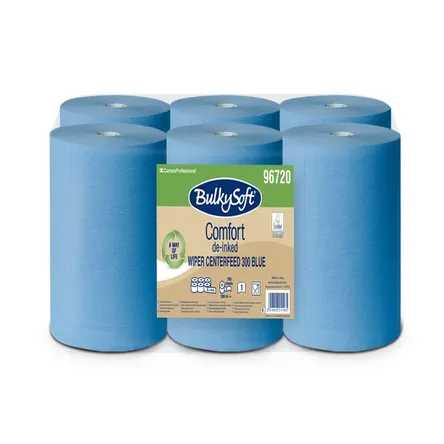 Niebieskie ręczniki papierowe centrefeed, wykonane z papieru z odzysku. Każda rolka ma długość 300 metrów, 789 arkuszy. W opakowaniu znajduje się 6 rolek. Produkt posiada certyfikat Ecolabel.
