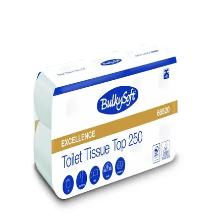 Papier toaletowy BulkySoft Excellence, 2-warstwowy, biały. Każda rola ma długość 28,75 metra, opakowanie zawiera osiem rolek. Produkt przyjazny dla środowiska z certyfikatem Ecolabel.