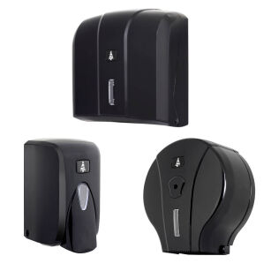 Set: liquid soap dispenser, toilet paper holder, ZZ Sanitario black ABS towel container.