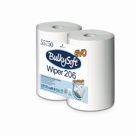 BulkySoft Wiper 206, białe, wykonane z celulozy. Każda rola ma długość 206 metrów. W opakowaniu znajdują się dwie rolki. Produkt posiada certyfikaty jakości i ekologii.