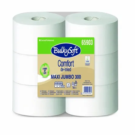 Ręczniki toaletowe BulkySoft Maxi Jumbo 300, wykonane z de-inkowanej celulozy. Każda rola ma długość 300 metrów, opakowanie zawiera sześć rolek. Produkt posiada certyfikaty Ecolabel.
