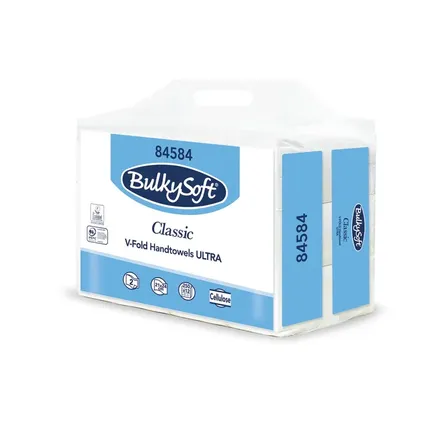 Ręczniki papierowe BulkySoft V-Fold ULTRA, białe, 2-warstwowe, wykonane z celulozy. Każde opakowanie zawiera 250 ręczników, a w kartonie znajduje się 12 opakowań. Produkt ekologiczny, certyfikowany przez Ecolabel i PEFC.
