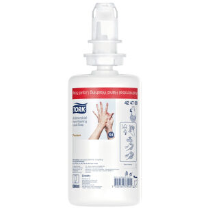 Tork 1 liter antibacterial liquid hand soap, colorless and odorless.