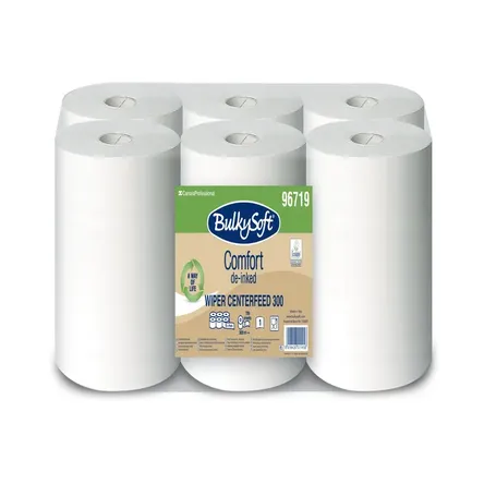Ręczniki papierowe centrefeed, białe, wykonane z papieru z odzysku. Każda rola ma długość 300 metrów, 789 arkuszy. W opakowaniu znajduje się 6 rolek. Produkt ekologiczny z certyfikatem Ecolabel.