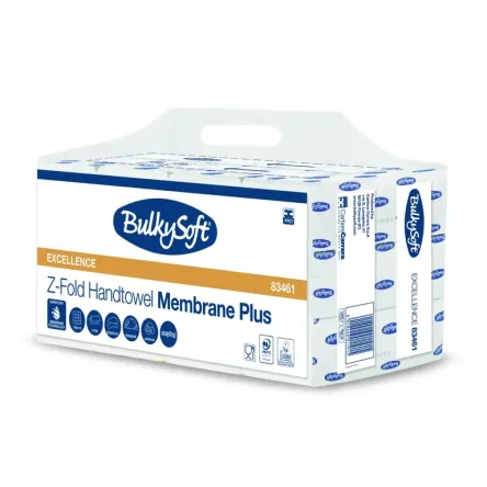 Ręczniki papierowe BulkySoft Z-Fold Membrane Plus, białe, 3-warstwowe, z celulozy. Rozmiar arkusza: 240 x 215 mm. Opakowanie zawiera 140 sztuk, 12 opakowań w kartonie. Produkt posiada certyfikaty Ecolabel i PEFC.