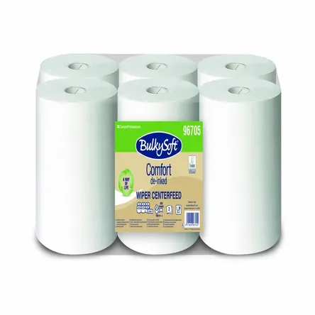 Ręczniki papierowe w roli typu centerfeed, białe, wykonane z papieru z odzysku. Każda rola ma długość 106 metrów, 450 arkuszy. W opakowaniu znajduje się 6 rolek. Produkt posiada certyfikat Ecolabel.