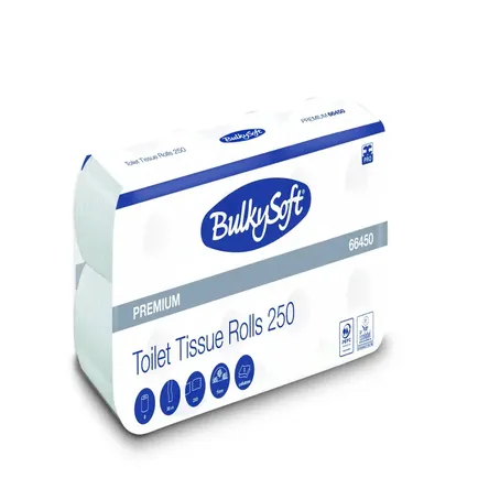 Papier toaletowy BulkySoft Premium, 2-warstwowy, biały. Każda rola ma długość 30 metrów, opakowanie zawiera osiem rolek. Produkt ekologiczny, certyfikowany przez Ecolabel.
