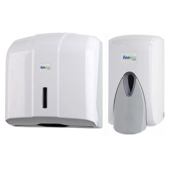 Public restroom accessories set: paper hand towel dispenser and liquid soap dispenser Faneco POP plastic white